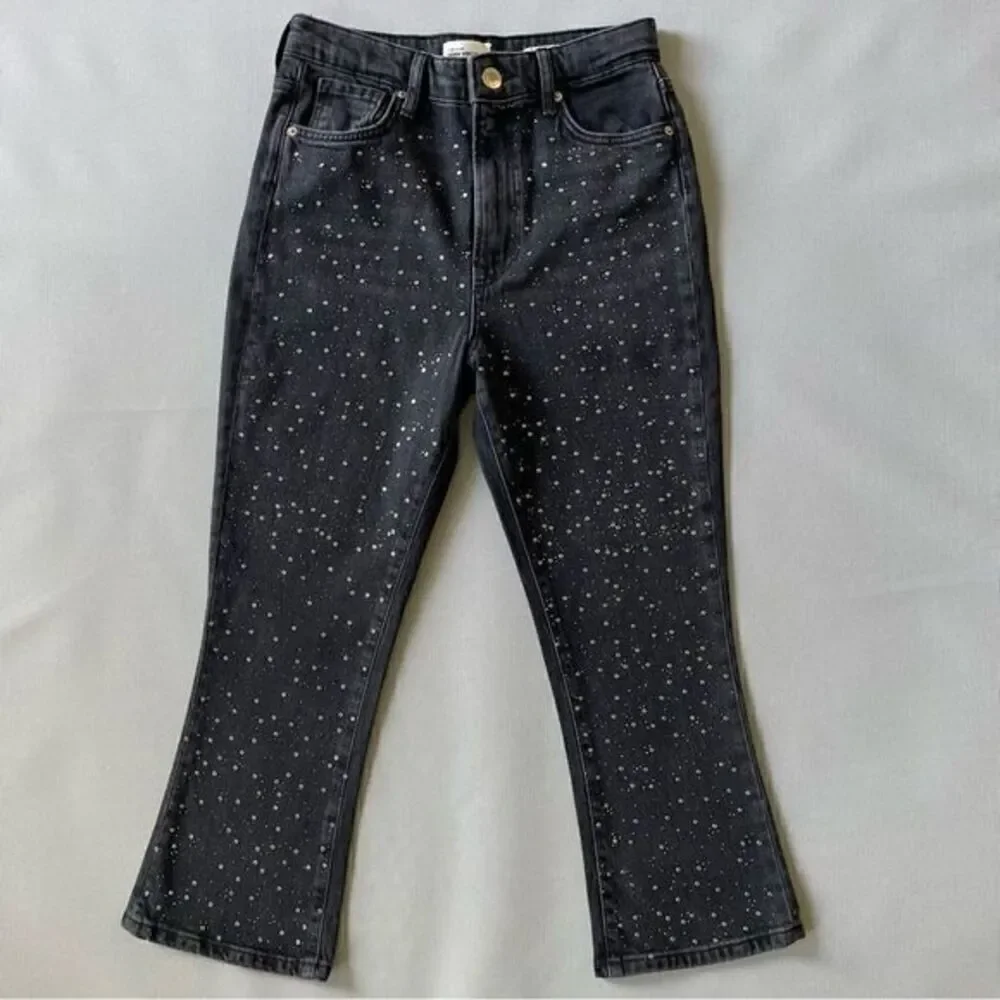 Flared Cropped Black Rhinestone Capri Jeans Size 6S